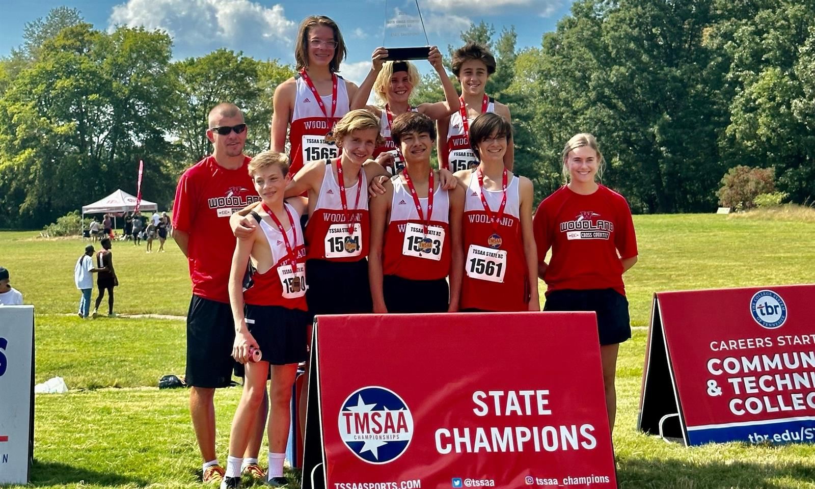 Woodland Middle boys cross-country team smiles